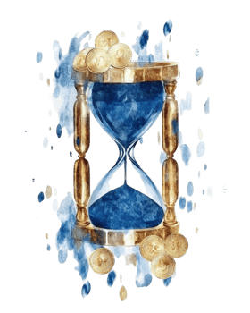 Time is Money Watercolor Hourglass with Gold Coins Illustrating the Passage of Time and the Value of Wealth png