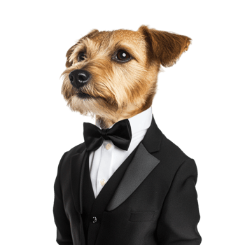 Dog wearing a black tuxedo with a white shirt and a bow tie looking classy and elegant as if ready for a fancy event png