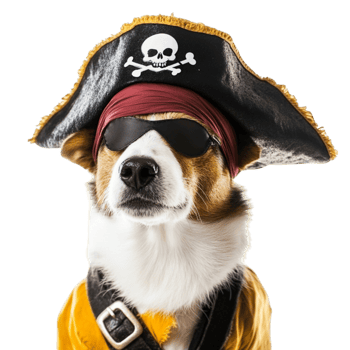Dog dressed as a pirate wearing a black hat with a skull emblem and a red bandana giving it a playful and adventurous look png