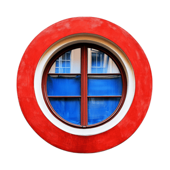 Round ship window with a vibrant red frame reflecting a blue sky and a wooden cross design adding a nautical touch png