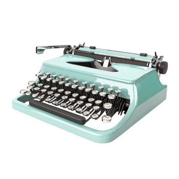 Classic turquoise typewriter with black keys and a sturdy frame used for writing letters and creative storytelling png