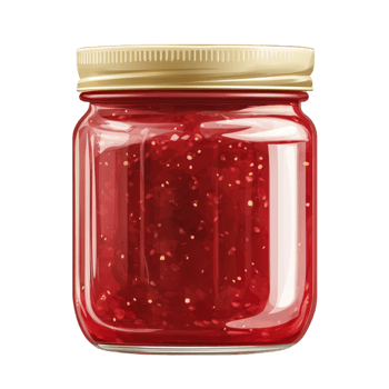 Glass jar filled with bright red strawberry jam made from fresh fruit and sealed tightly to preserve its sweet delicious flavor png