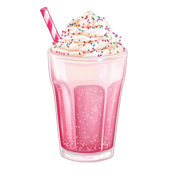 Delicious pink milkshake topped with whipped cream colorful sprinkles and a striped straw served in a tall glass png