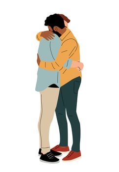 Gay couple hugging. Interracial LGBT men in romantic relationship. Homosexual enamored people of same sex. Male valentines, boyfriends embracing vector