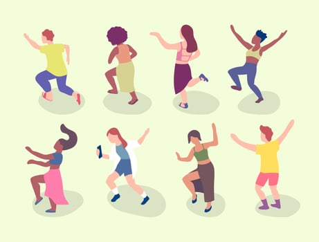 Cartoon Color Different Characters People Dancing on Music Festival or Open-air Concert Set. vector