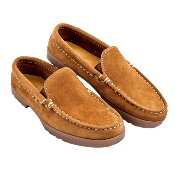 Light brown suede loafers sit neatly with a stitched design and a soft texture png