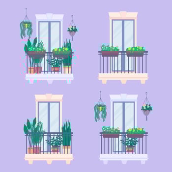 Cartoon Color Urban Architecture Balcony with Plant Set. vector