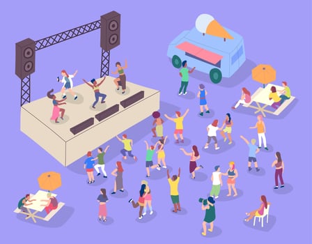Cartoon Color Band on Stage and Crowd Dancing Street Food Caravan Trailer Around 3d Isometric View. vector