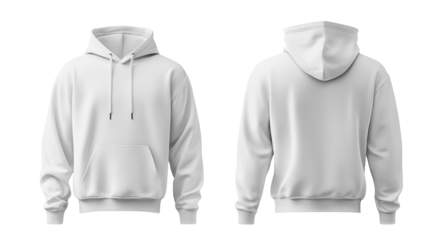 Customizable white hoodie displayed from front and back on a plain background png