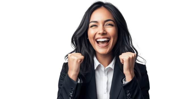 Woman celebrating success in a professional setting with a joyful expression png