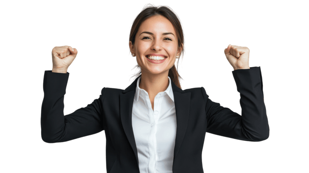 Businesswoman celebrating success with raised fists in a white background, representing achievement and positivity in the workplace png