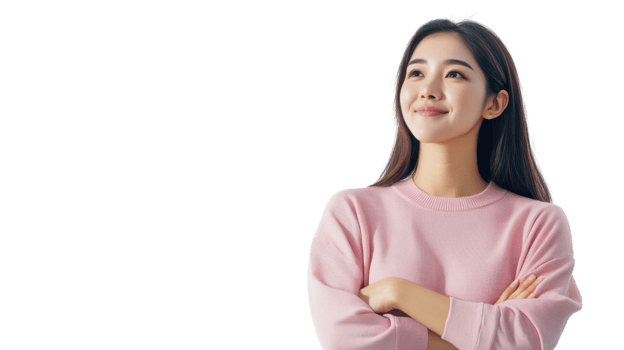 Smiling woman in pink sweater expressing positivity and confidence while looking upward in a bright setting png