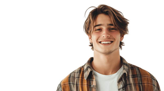 Young man with a cheerful smile wearing a flannel shirt in a bright setting png