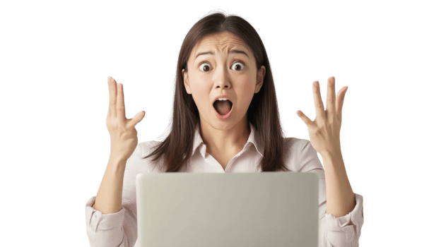 Frustrated woman expressing shock while working on a laptop in a neutral setting png