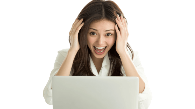 Excitement and joy as young woman reacts to surprising news on her laptop at home png