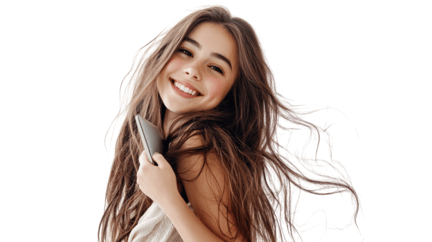 Smiling young woman with long hair holding a phone and radiating joy in a bright, minimalistic setting png