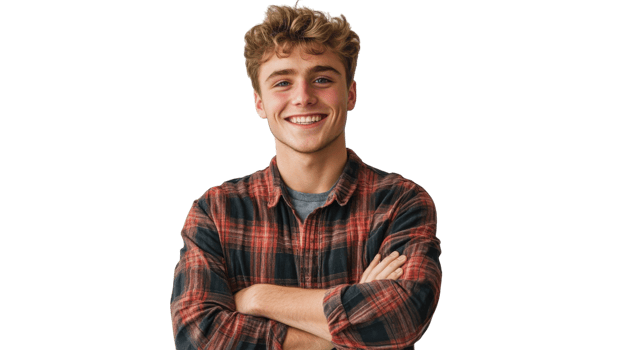 Young man with curly hair smiles confidently while posing with arms crossed in checkered shirt png