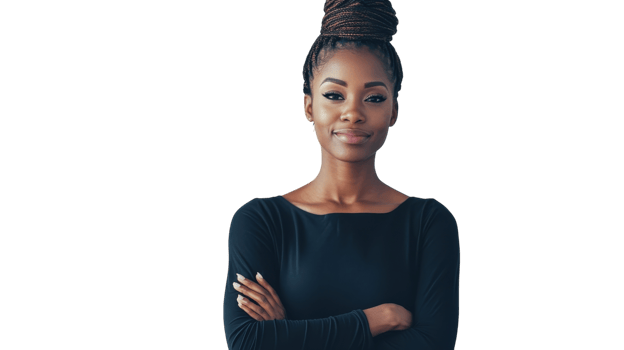 Confident woman poses with arms crossed in a stylish black outfit against a neutral backdrop png