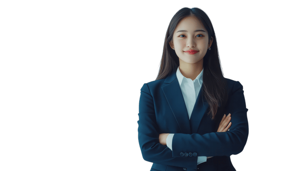 Confident businesswoman in a formal suit poses with arms crossed against a bright background png