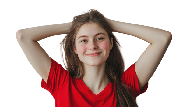 Young woman smiling with hands in hair, showcasing confidence and joy in a bright, simple setting png
