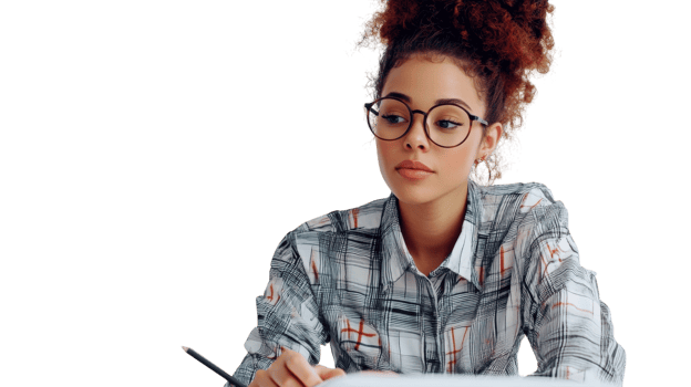 Young woman in stylish outfit focused on writing notes during creative brainstorming session at a bright workspace png