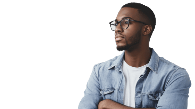 Thoughtful young man in casual denim jacket with glasses poses against a clean white background png
