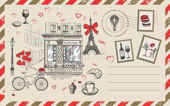 Postcard, mail, French icons, Paris sketch illustration vector