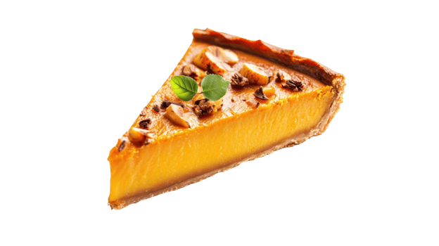 Delicious slice of pumpkin pie garnished with nuts and mint on a white background perfect for fall desserts png