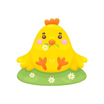 Hand drawn cartoon style Easter chick. Sits in a meadow with daisies. Paska, icon or print. stock image isolated on white background. Decorative design element for Easter. vector
