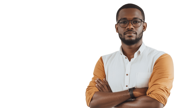 Confident young man wearing glasses poses with arms crossed and a serious expression in a well-lit studio setting png