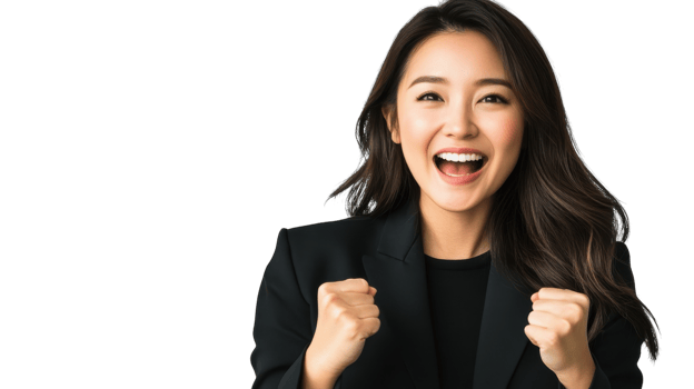 Excited young woman celebrating success in a professional setting with a joyful expression png