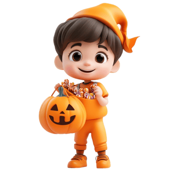 Happy Cartoon Boy in Halloween Costume with Pumpkin png