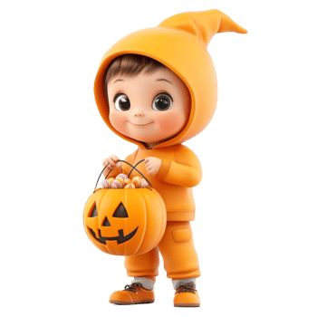 Cartoon Kid in Pumpkin Costume Holding Jack-O'-Lantern png