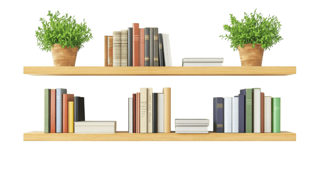 Two bookshelves with plants on them png