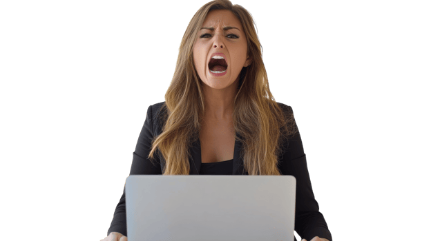 Woman expressing frustration while working on a laptop in a professional setting during day hours png