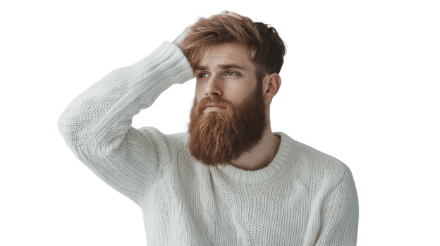 Young man with a beard in a white sweater shows a thoughtful expression indoors png