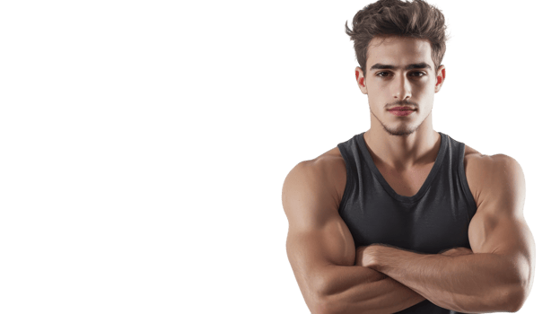 Young muscular man poses confidently with arms crossed in a studio setting showcasing strength and fitness png