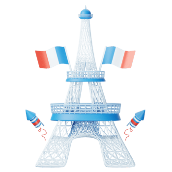 The eiffel tower is made of paper and has two flags png