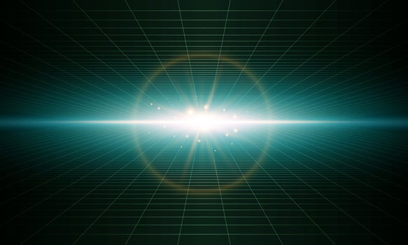 Shining light checkered grid planes in dark perspective . Retro futuristic depth wallpaper. Arcade game sci fi matrix surface backdrop. vector