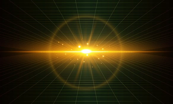 Shining gold light checkered grid planes in dark perspective . Retro futuristic depth wallpaper. Arcade game sci fi matrix surface dimension backdrop for poster, banner. vector