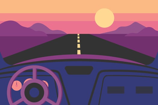View on the desert road from the car interior. Desert road landscape scenery with sunset sky. Vintage design illustration in flat style vector