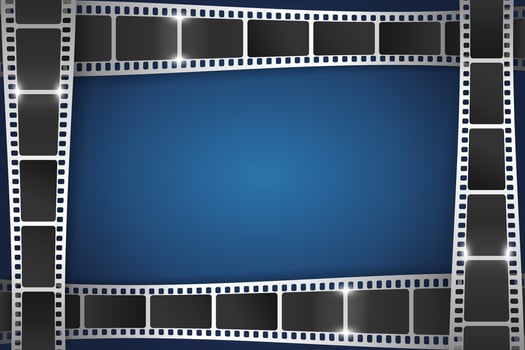 Shiny silver filmstrip frame on blue background. Perspective film strip design. Movie film ribbon frame vector