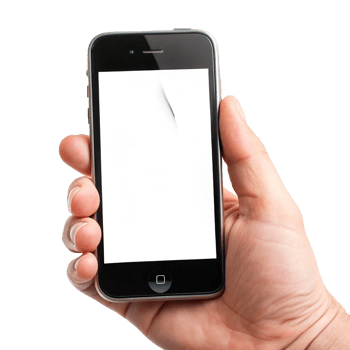 A hand holding a black smartphone with a blank white screen in a bright setting png