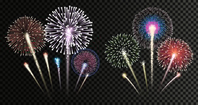 Two groups of realistic fireworks celebration isolated vector