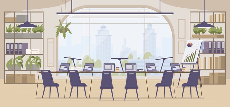 Open space office interior with no people flat illustration. vector