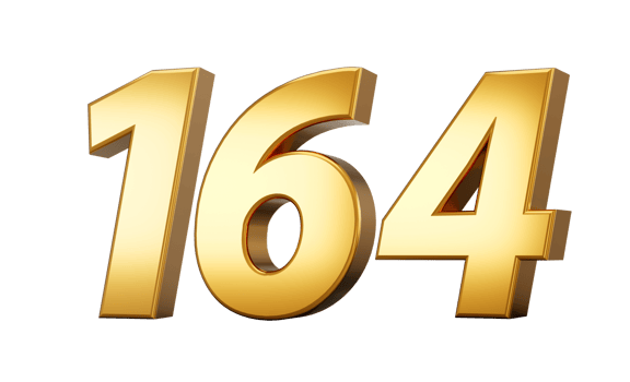 3d number 164 one hundred sixty four Gold text with reflection 3d illustration png