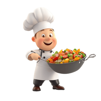 A cheerful cartoon chef joyfully presenting a colorful vegetable stir-fry in a pan. png