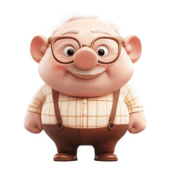 A cheerful cartoon grandpa figure with glasses and suspenders, radiating warmth and charm. png