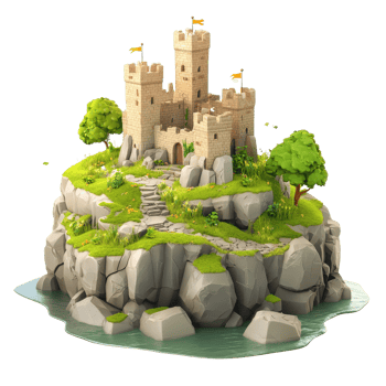 A beautiful medieval castle perched on a rocky island surrounded by lush greenery. png