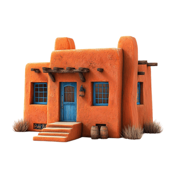 an orange adobe house with blue trim and a blue door png